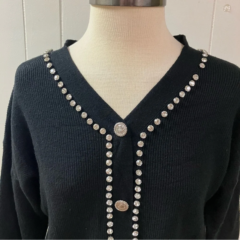 Vtg Y2k Holiday LIV MILANO Rhinestone Ribbed Faux Cardigan Sweater Small Black
